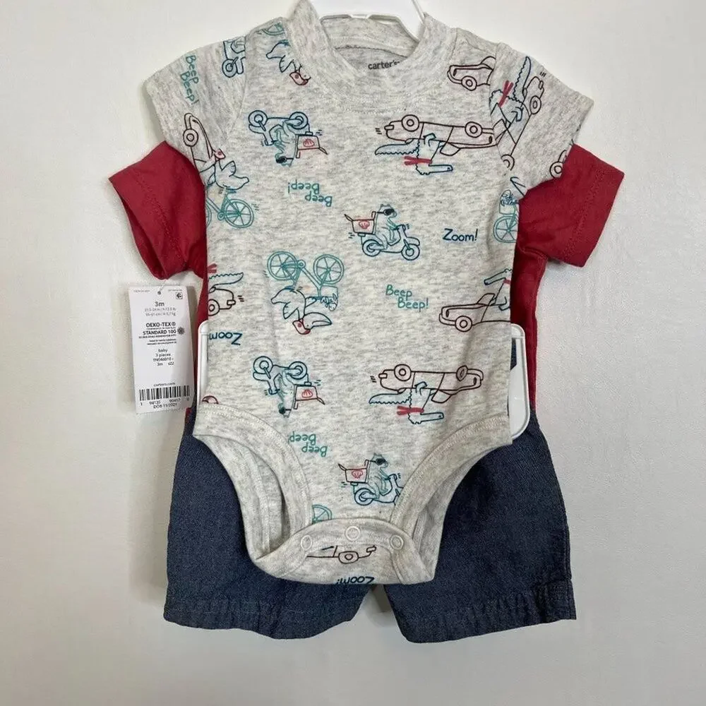 Carter's Sz 3M 3-Piece Shorts Set One Piece and Shirt Set Dinosaurs Cars